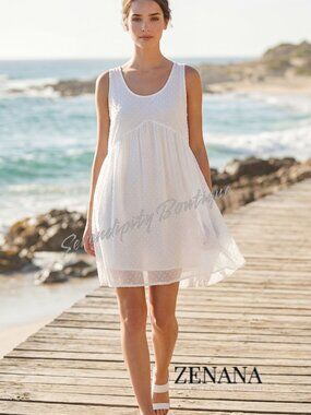 Zenana Pure White Swiss Dot Light Airy Scoop Neck Fully Lined Breezy Sundress